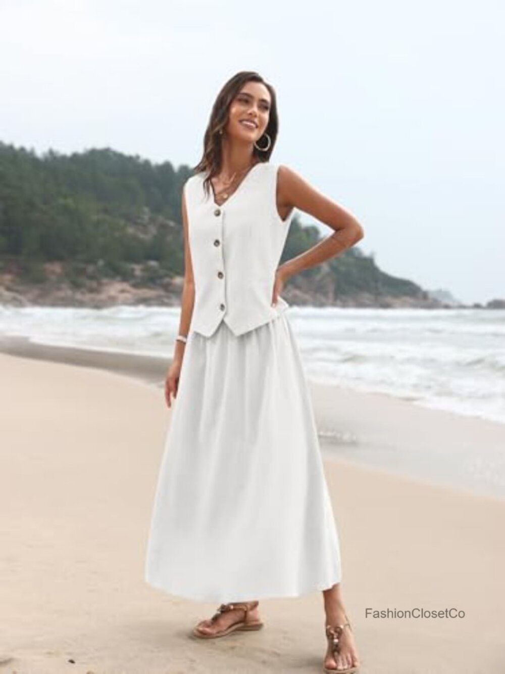 Linen Blend 2 Piece Vest Top & Flowy Maxi Skirt Set Summer Outfit - Picture 2 of 6